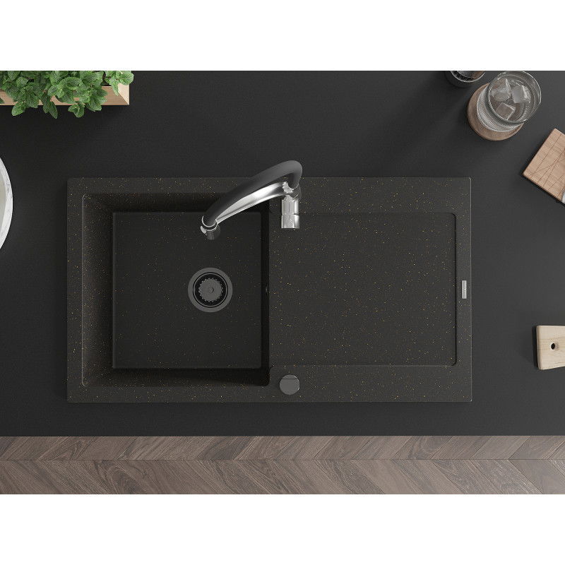 Mexen Leo 1-dubenų granito plautuvė su nusausintuvu ir virtuvės maišytuvu Aster, juodas/auksinis metalikas