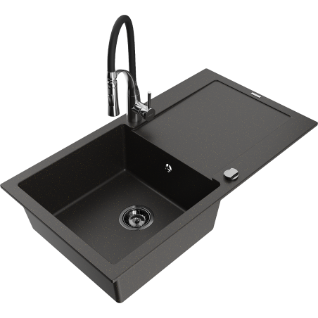 Mexen Leo 1-dubenų granito plautuvė su nusausintuvu ir virtuvės maišytuvu Aster, juodas/auksinis metalikas