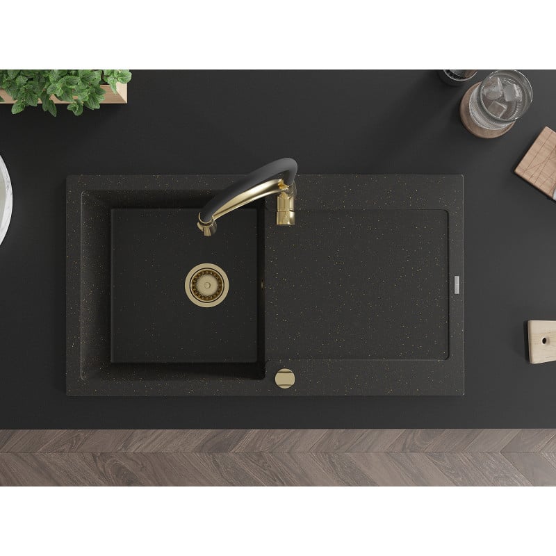 Mexen Leo granito plautuvė su viena kamera, nusausintuvu ir virtuviniu maišytuvu Aster, juoda/auksinė metalika
