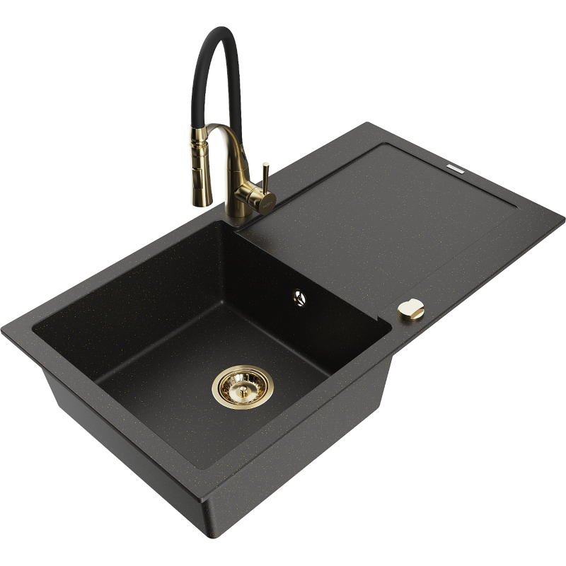 Mexen Leo granito plautuvė su viena kamera, nusausintuvu ir virtuviniu maišytuvu Aster, juoda/auksinė metalika