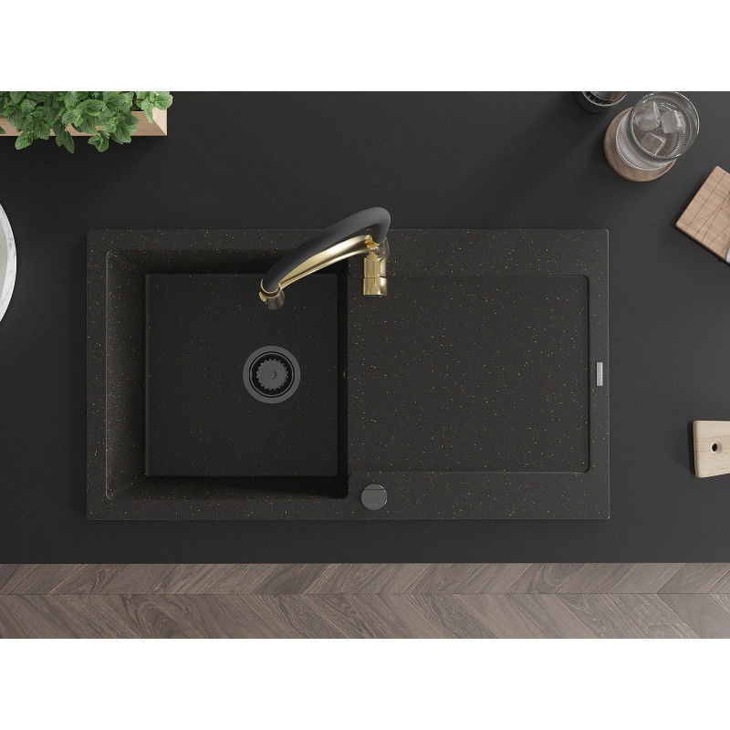 Mexen Leo granitinė vienos kameros plautuvė su nutekėjimu ir virtuviniu maišytuvu Aster, juoda/auksinė metalika