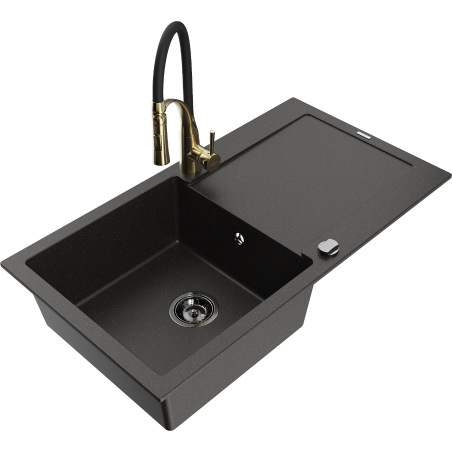 Mexen Leo granitinė vienos kameros plautuvė su nutekėjimu ir virtuviniu maišytuvu Aster, juoda/auksinė metalika