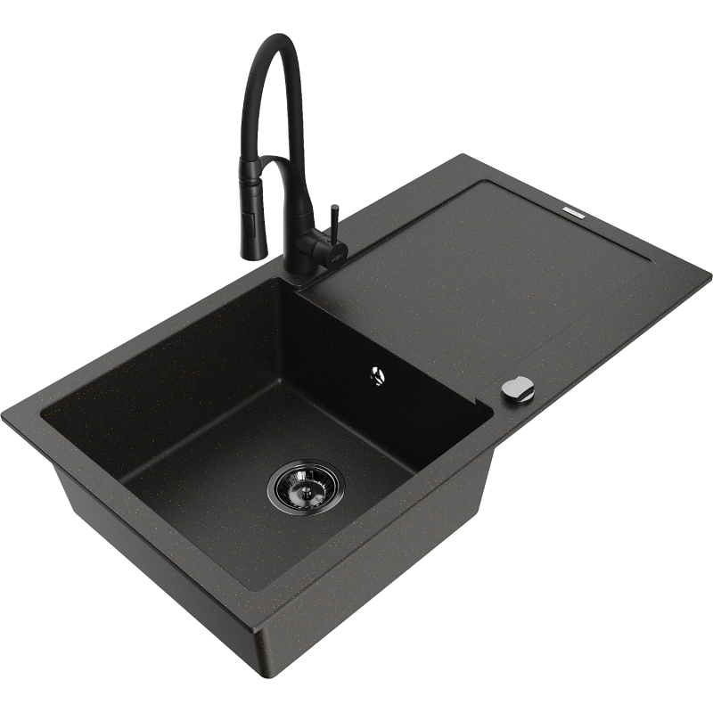 Mexen Leo grindinis kriauklė su vieninteliu plautuvu ir virtuviniu maišytuvu Aster, juoda/aukso metalo spalva