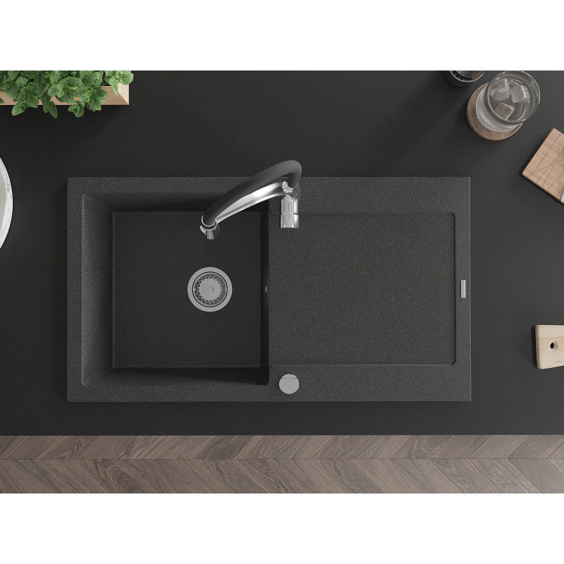 Mexen Leo granitinė vienos kameros kriauklė su nusausintuvu ir virtuviniu maišytuvu Aster, juodas taškuotas