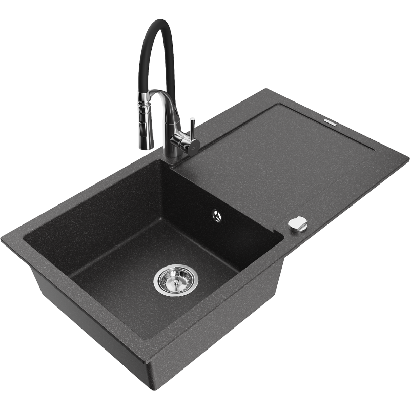 Mexen Leo granitinė vienos kameros kriauklė su nusausintuvu ir virtuviniu maišytuvu Aster, juodas taškuotas