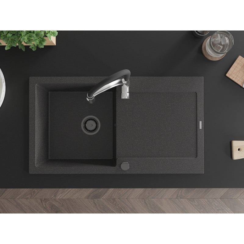 Mexen Leo granitinė kriauklė su 1 skyriumi ir išdžiovintuvu bei virtuvės maišytuvu Aster, juoda su dėmelėmis