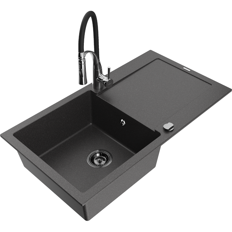 Mexen Leo granitinė kriauklė su 1 skyriumi ir išdžiovintuvu bei virtuvės maišytuvu Aster, juoda su dėmelėmis