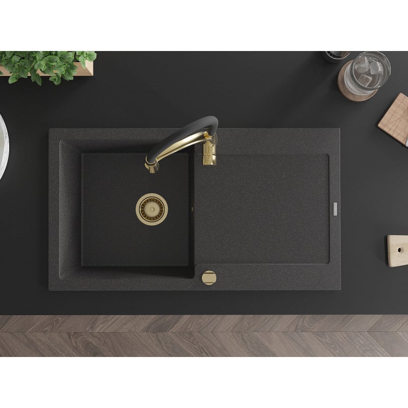 Mexen Leo granitinė vienos kameros kriauklė su nusausintuvu ir virtuviniu maišytuvu Aster, juoda su taškeliais