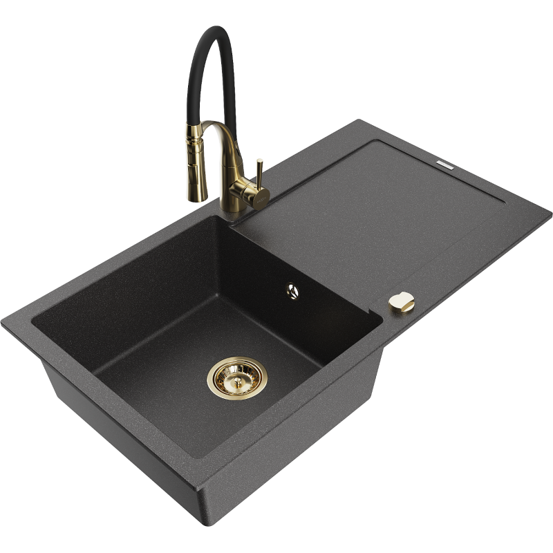 Mexen Leo granitinė vienos kameros kriauklė su nusausintuvu ir virtuviniu maišytuvu Aster, juoda su taškeliais