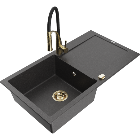 Mexen Leo granitinė vienos kameros kriauklė su nusausintuvu ir virtuviniu maišytuvu Aster, juoda su taškeliais