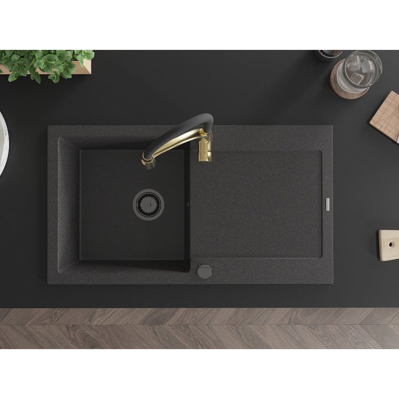 Mexen Leo 1-skyrių granitinė plautuvė su nusausinimo lentyna ir virtuviniu maišytuvu Aster, juoda su taškeliais