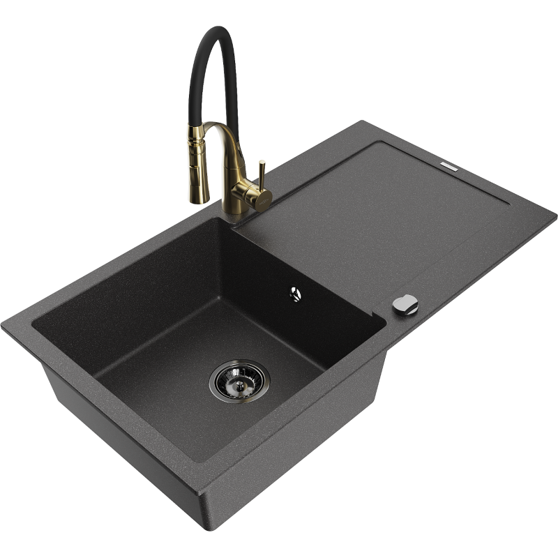 Mexen Leo 1-skyrių granitinė plautuvė su nusausinimo lentyna ir virtuviniu maišytuvu Aster, juoda su taškeliais