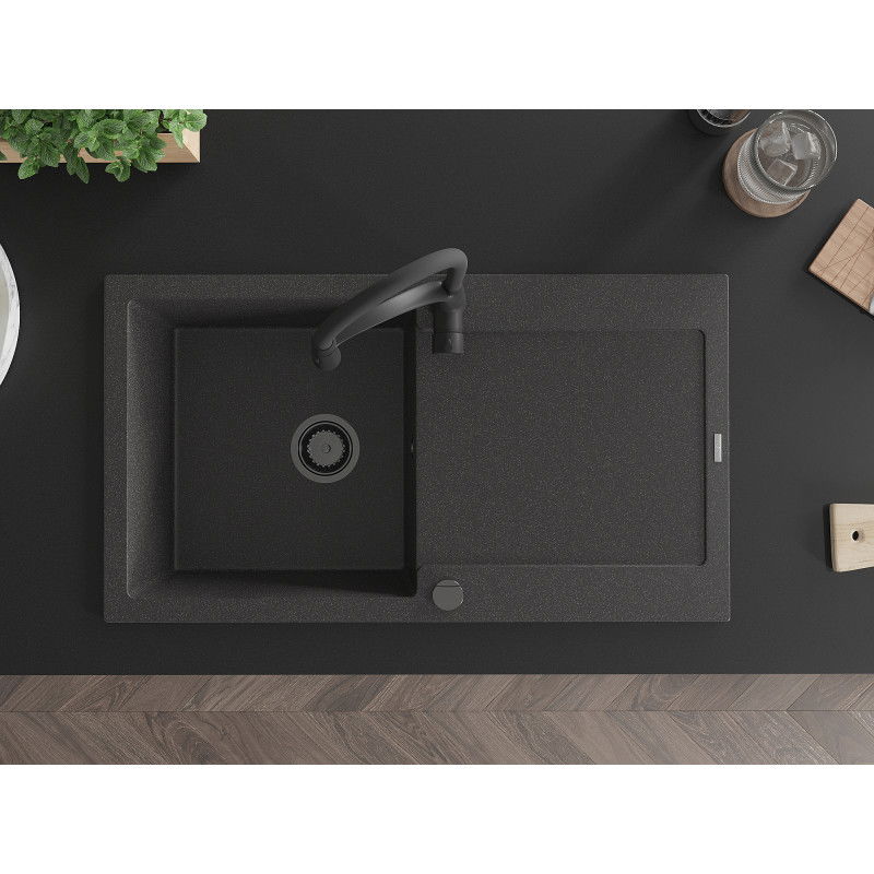 Mexen Leo granitinė vienos kameros plautuvė su nusausinimu ir virtuvės maišytuvu Aster, juoda dėmėta - 6501-76-73450-70-B