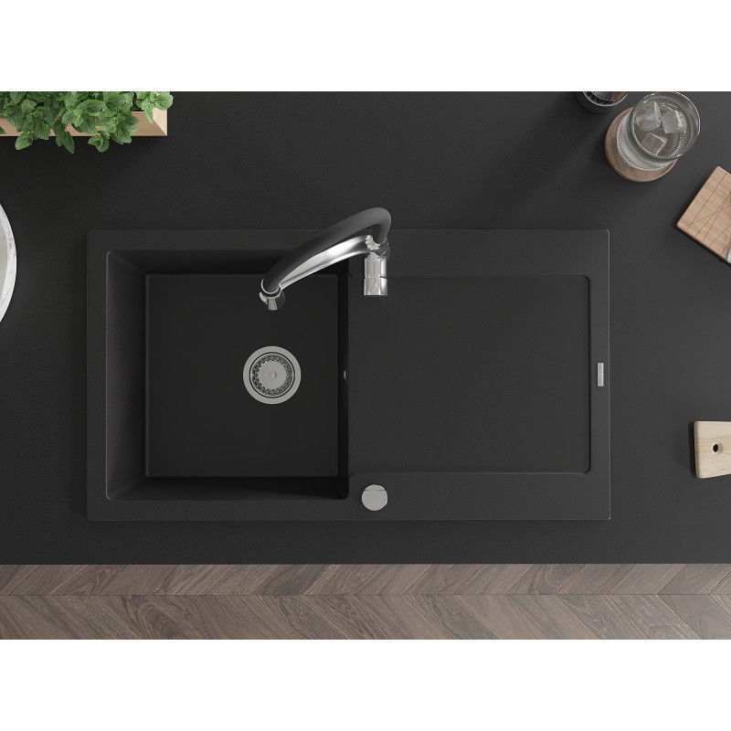 Mexen Leo granitinis plautuvės su nusausinimo skyriumi ir virtuvės maišytuvu Aster, juodas - 6501-77-73450-07