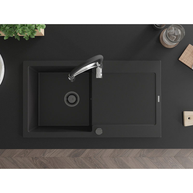 Mexen Leo 1-dubenų granitinė kriauklė su nutekėjimu ir virtuvės maišytuvu Aster, juoda - 6501-77-73450-07-B