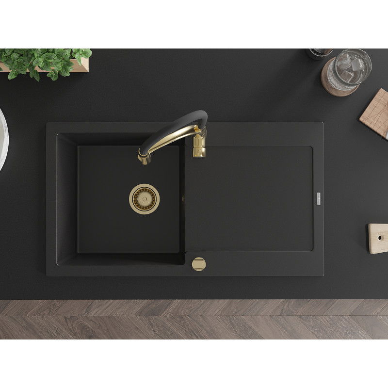 Mexen Leo granitinė vienos kameros plautuvė su nutekėjimu ir virtuviniu maišytuvu Aster, juoda - 6501-77-73450-57-G