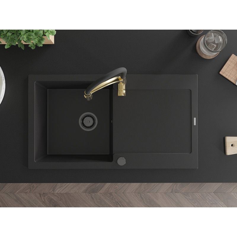 Mexen Leo 1 skyriuas granitinė kriauklė su nutekamuoju skydeliu ir virtuvės čiaupu Aster, juoda - 6501-77-73450-57-B