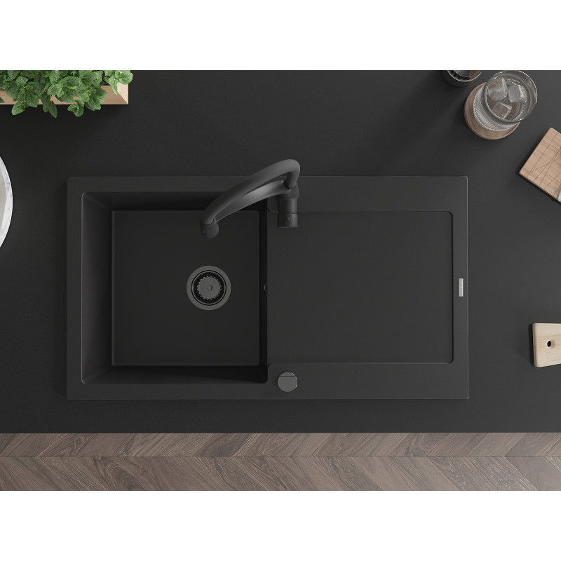 Mexen Leo granito kriauklė, 1 skyrelio su nuvarvėjimu ir virtuviniu čiaupu Aster, juoda - 6501-77-73450-70-B