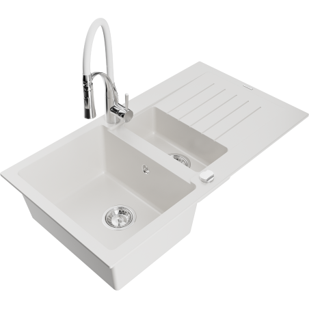 Mexen Matias granitinis plautuvė 1,5 kamerų su nuvarvėjimo ir virtuviniu maišytuvu Aster, baltas - 6502-20-73450-02