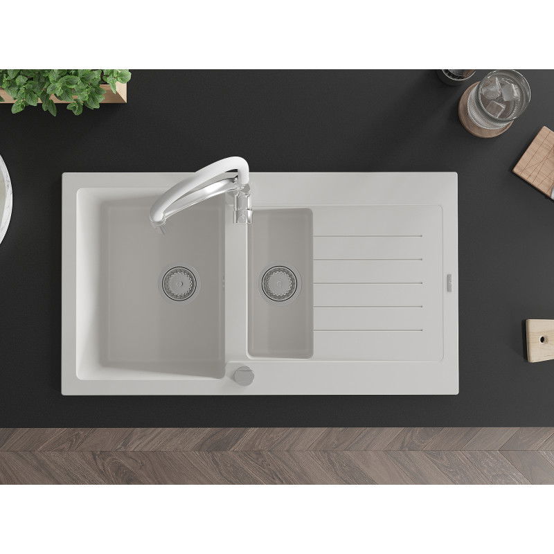 Mexen Matias granitinis plautuvė 1,5 kamerų su nuvarvėjimo ir virtuviniu maišytuvu Aster, baltas - 6502-20-73450-02