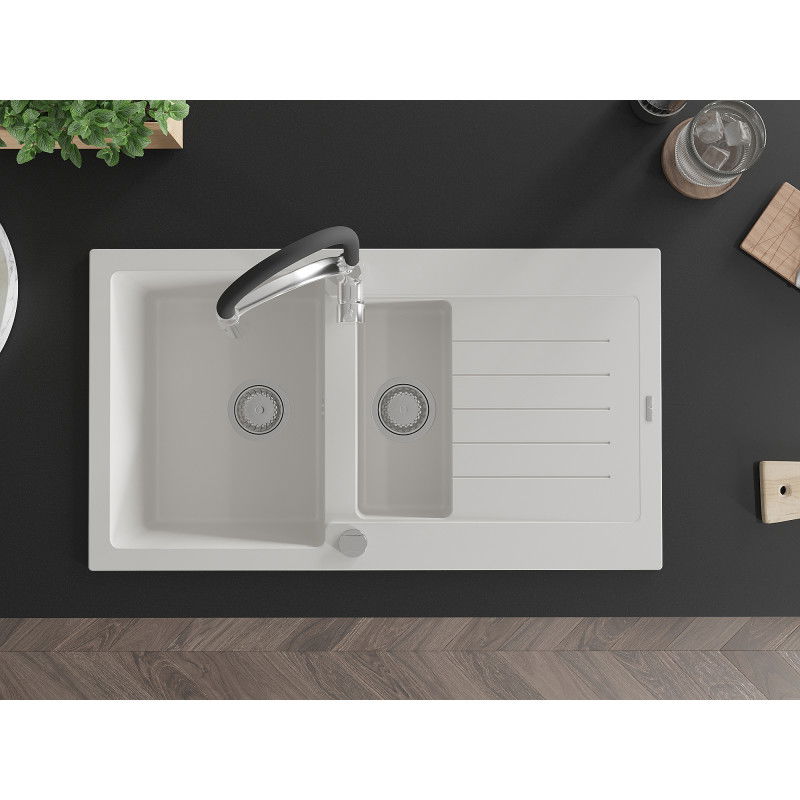 Mexen Matias granitinė 1,5 skyrių plautuvė su nusausintuvu ir virtuviniu maišytuvu Aster, balta - 6502-20-73450-07