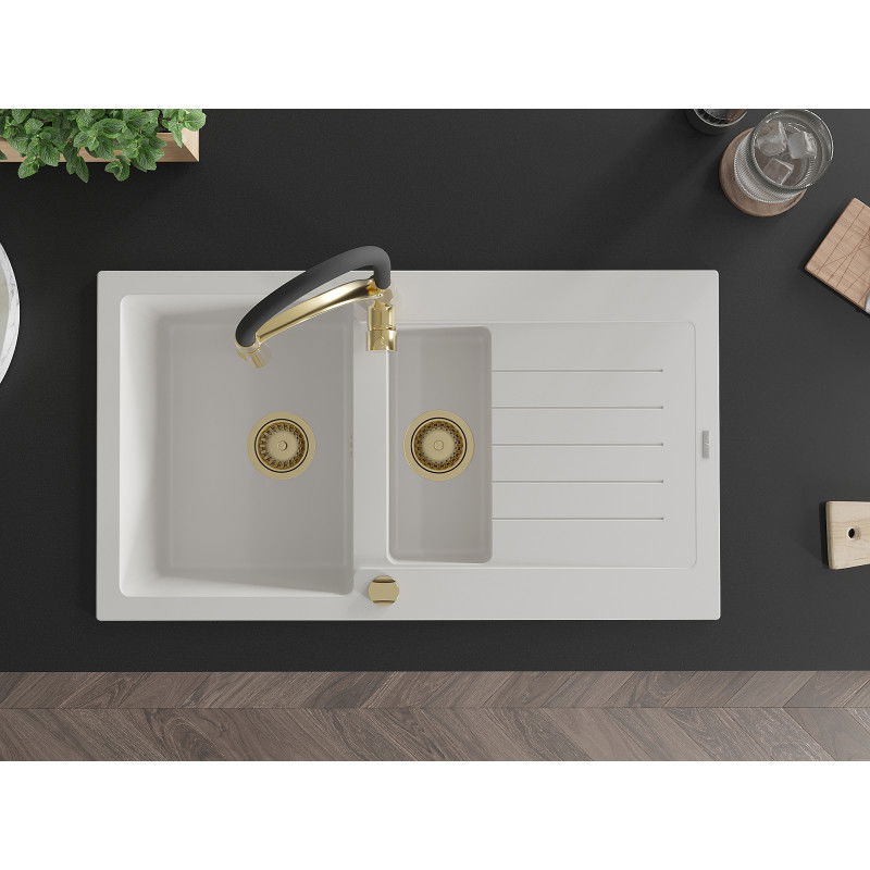 Mexen Matias granitinis plautuvės 1,5-kamerinis su drenažu ir virtuvės maišytuvu Aster, baltas - 6502-20-73450-57-G