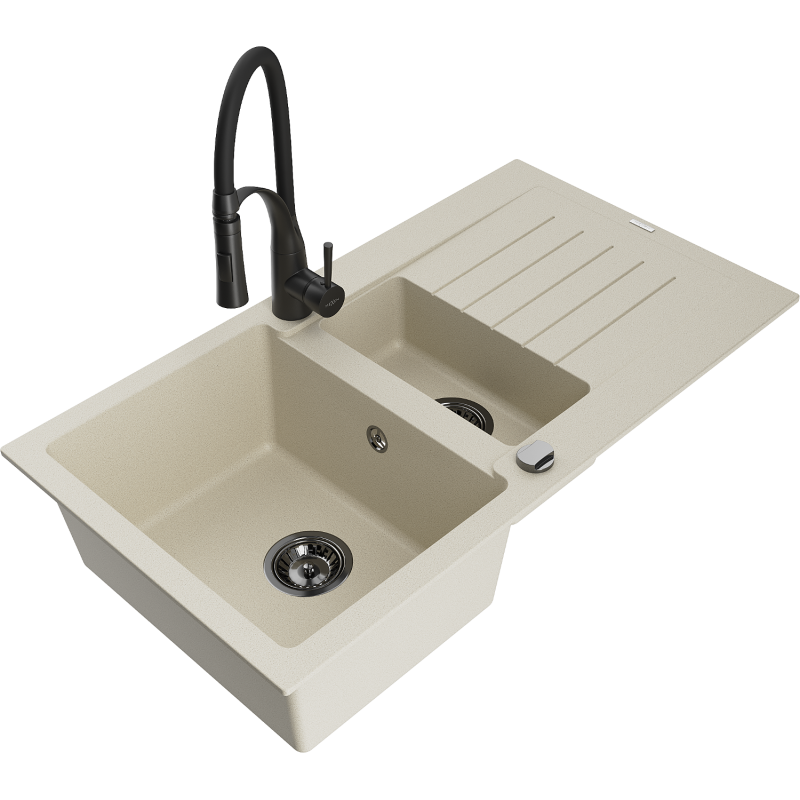 Mexen Matias granitinė 1,5 kamerų kriauklė su nutekamąja dalimi ir virtuviniu maišytuvu Aster, smėlinė