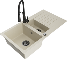 Mexen Matias granitinė 1,5 kamerų kriauklė su nutekamąja dalimi ir virtuviniu maišytuvu Aster, smėlinė