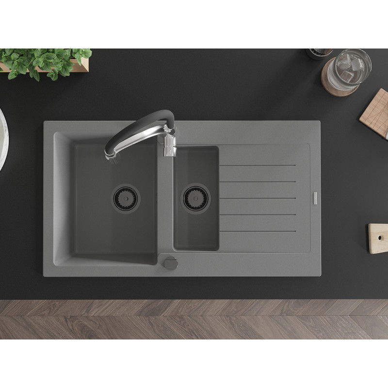 Mexen Matias granito plautuvė 1,5 skyriaus su nutekėjimu ir virtuvės maišytuvu Aster, pilka - 6502-71-73450-07-B