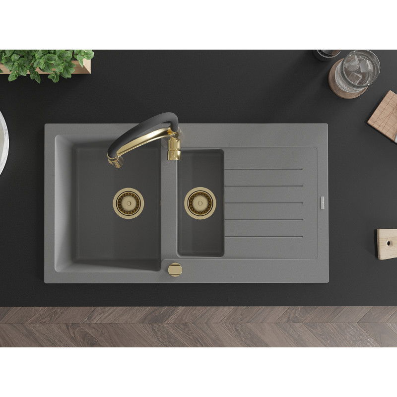 Mexen Matias granitinė 1,5 kamerų plautuvė su nusausintuvu ir virtuviniu maišytuvu Aster, pilka - 6502-71-73450-57-G