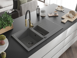 Mexen Matias Granitinė 1,5 sekcijų kriauklė su nutekėjimu ir virtuviniu maišytuvu „Aster“, pilka - 6502-71-73450-57-B
