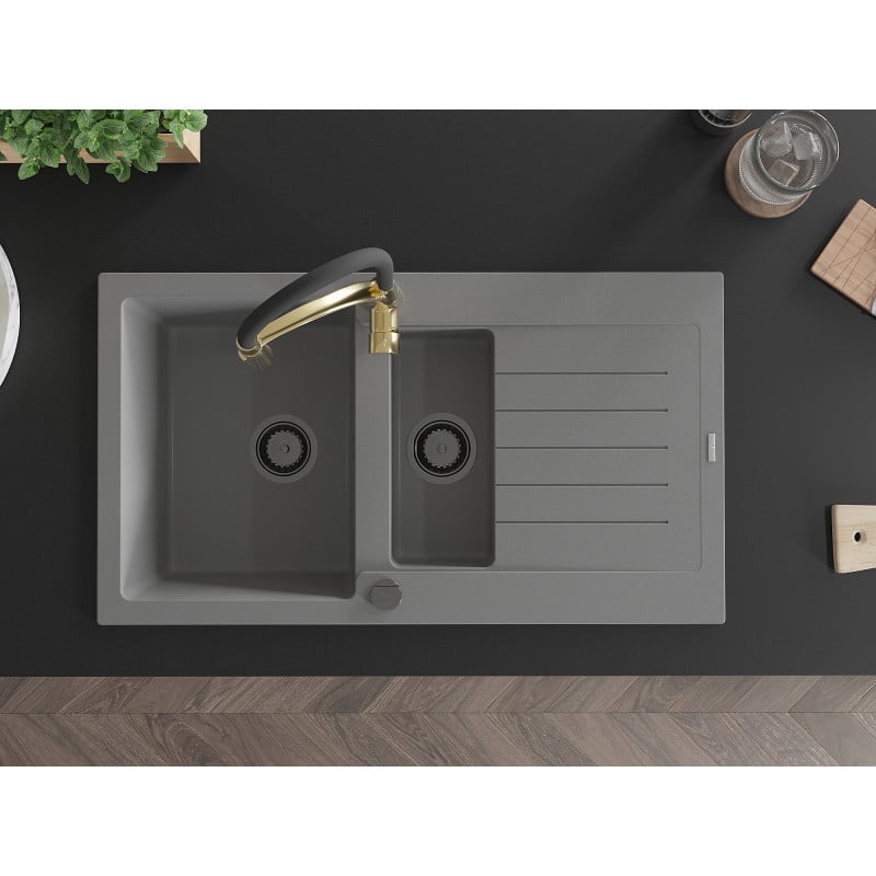 Mexen Matias Granitinė 1,5 sekcijų kriauklė su nutekėjimu ir virtuviniu maišytuvu „Aster“, pilka - 6502-71-73450-57-B