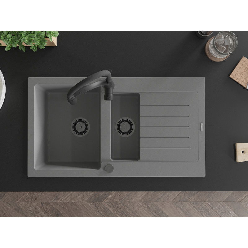 Mexen Matias granitinė plautuvė 1,5 skylių su nusausintuvu ir virtuviniu maišytuvu Aster, pilka - 6502-71-73450-70-B