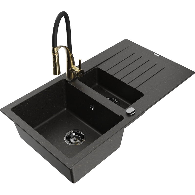 Mexen Matias granitinė pusantros sekcijos kriauklė su indų lašintuvu ir virtuviniu maišytuvu Aster, juoda/auksinė