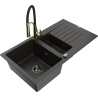 Mexen Matias granitinė pusantros sekcijos kriauklė su indų lašintuvu ir virtuviniu maišytuvu Aster, juoda/auksinė