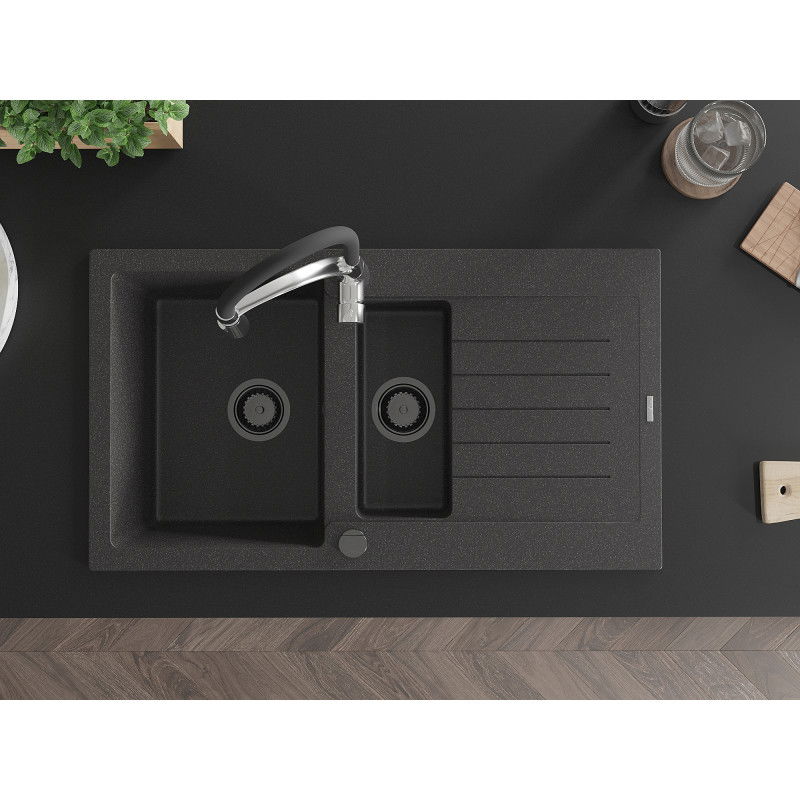Mexen Matias granito plautuvė 1,5 skylių su nusausinimo ir virtuvės maišytuvu Aster, juoda taškuota - 6502-76-73450-07-B