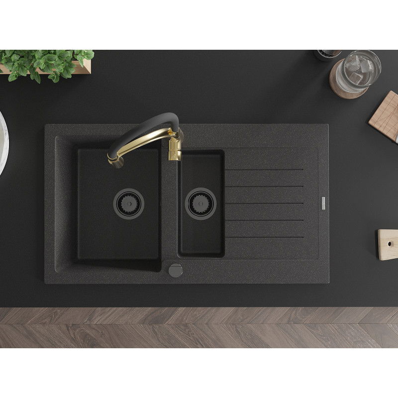 Mexen Matias granitinė 1,5 dubenų kriauklė su nusausinimo plokšte ir virtuviniu maišytuvu Aster, juoda su taškeliais
