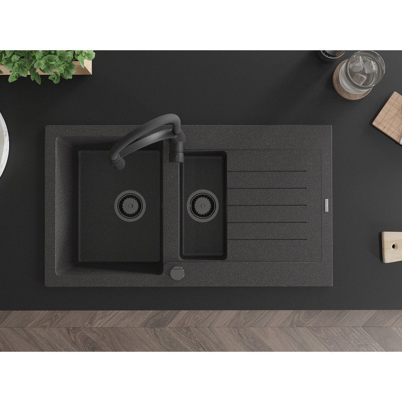 Mexen Matias granito plautuvė 1,5 skylių su nusausinimo zona ir virtuviniu maišytuvu Aster, juoda taškuota - 6502-76-73450-70-B