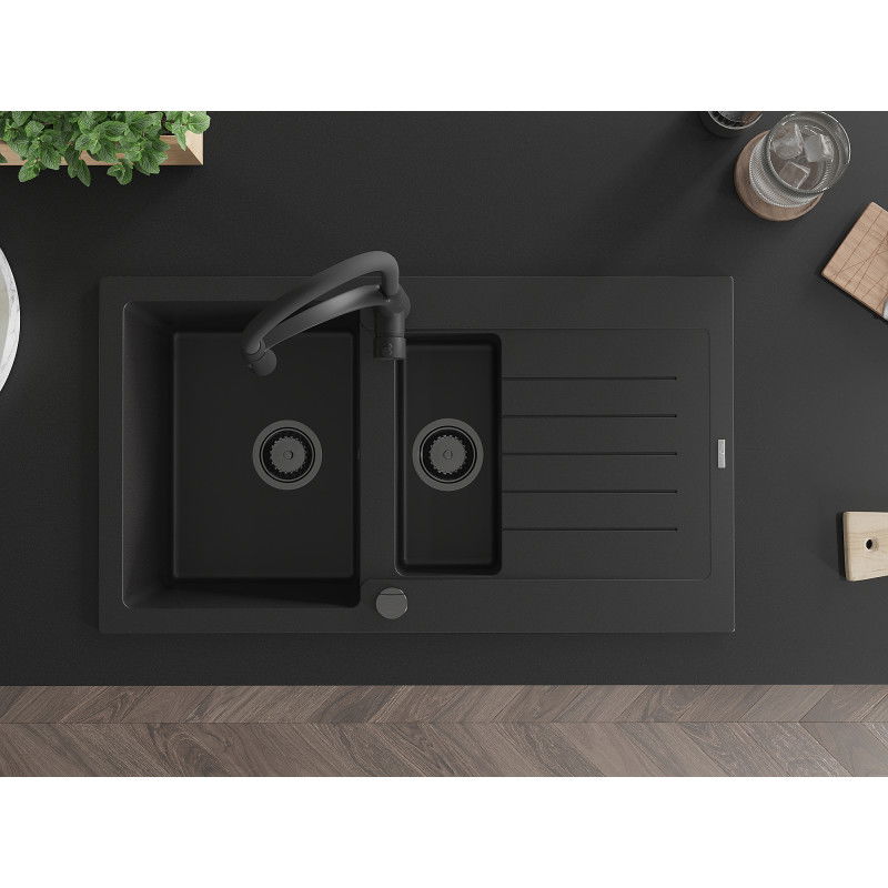 Mexen Matias granitinė plautuvė 1,5 skyrių su nutekėjimu ir virtuviniu maišytuvu Aster, juoda - 6502-77-73450-70-B