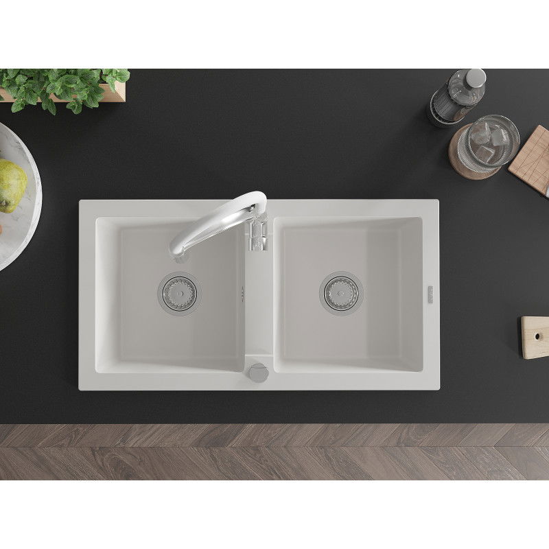 Mexen Mario granito dviejų skyrių plautuvė su virtuviniu maišytuvu Aster, balta - 6504-20-73450-02