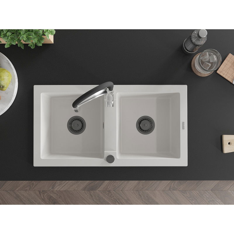 Mexen Mario granitinis 2-jų kamerų kriauklė su virtuviniu maišytuvu Aster, baltas - 6504-20-73450-07-B