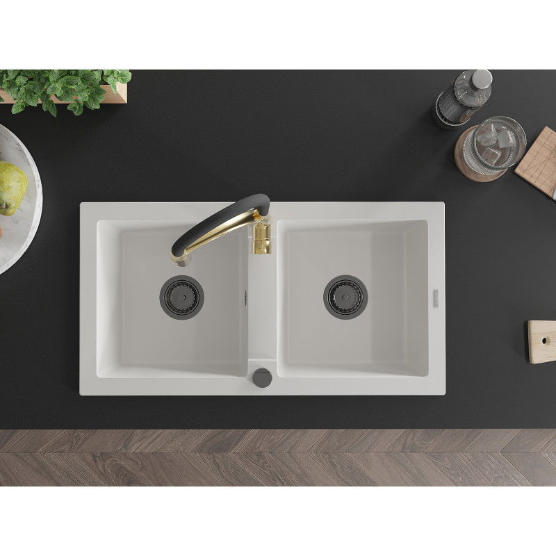 Mexen Mario granitinis virtuvės plautuvė 2 kamerų su virtuviniu maišytuvu Aster, baltas - 6504-20-73450-57-B