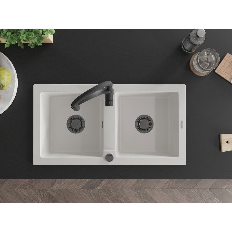 Mexen Mario 2 kamerų granitinė kriauklė su Aster virtuviniu maišytuvu, balta - 6504-20-73450-70-B