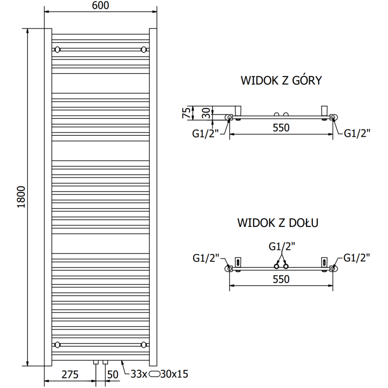 Mexen Hades vonios radiatorius 1800 x 600 mm, 1000 W, juodas - W104-1800-600-00-70