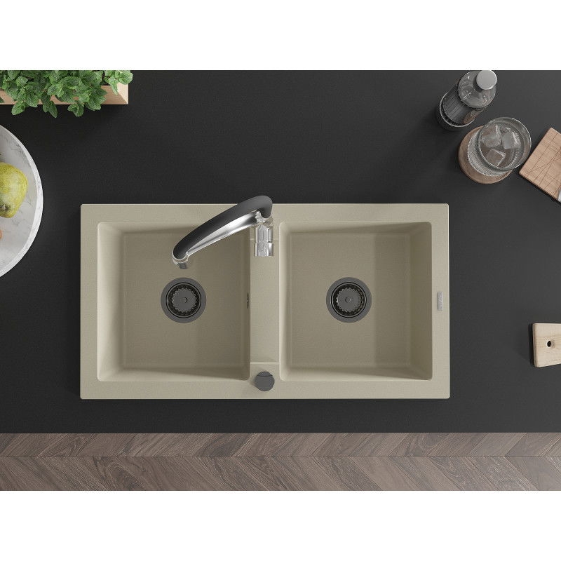 Mexen Mario granito virtuvės kriauklė su 2 sekcijomis ir Aster virtuvės maišytuvu, smėlio spalvos - 6504-69-73450-07-B