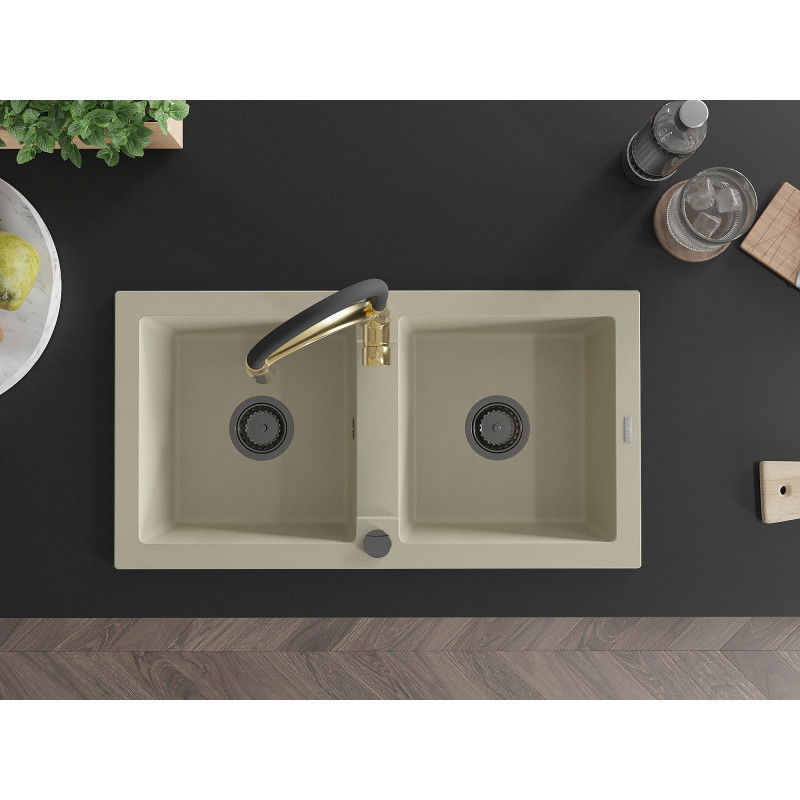 Mexen Mario granito plautuvė 2 skyrių su virtuviniu maišytuvu Aster, smėlinis - 6504-69-73450-57-B