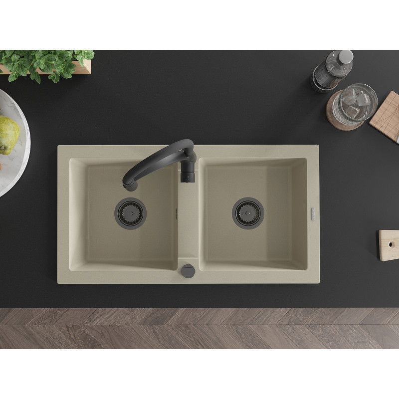 Mexen Mario granitinis plautuvė 2-dalių su virtuviniu maišytuvu Aster, smėlio spalvos - 6504-69-73450-70-B