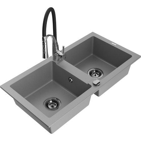 Mexen Mario granitinė dviejų skyrių plautuvė su virtuvės maišytuvu Aster, pilka - 6504-71-73450-07-B