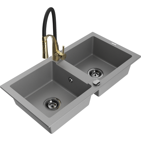 Mexen Mario dviejų skyrių granito kriauklė su virtuviniu maišytuvu Aster, pilka - 6504-71-73450-57-B