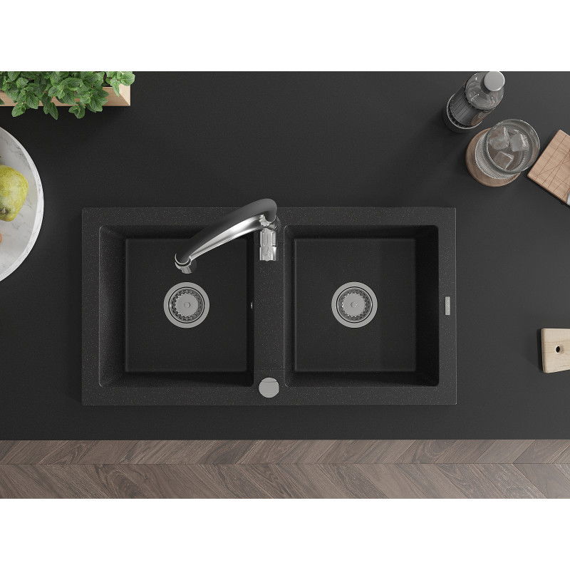 Mexen Mario granito plautuvė 2 kamerų su virtuviniu maišytuvu Aster, juoda/sidabrinis metalikas - 6504-73-73450-07